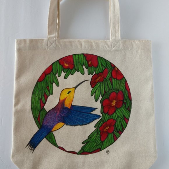 Handmade Painted Tote Bag Blue & Gold Hummingbird in Red Flowers 13.5x13.5x3.5 - Picture 10 of 16